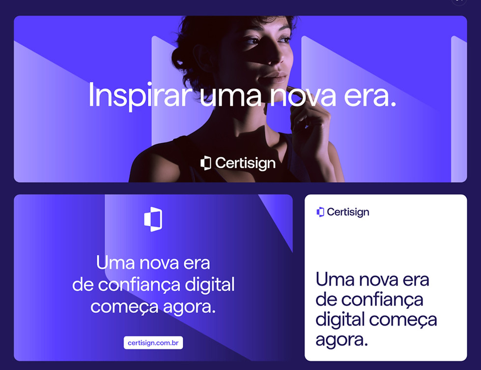Conjunto de peças visuais do rebranding da Certisign, com tipografia e paleta roxa aplicadas a imagens institucionais e mensagens sobre confiança digital.