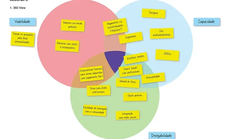 Diagrama de visão 360 graus do produto, organizando insights e necessidades em áreas complementares para análise estratégica.