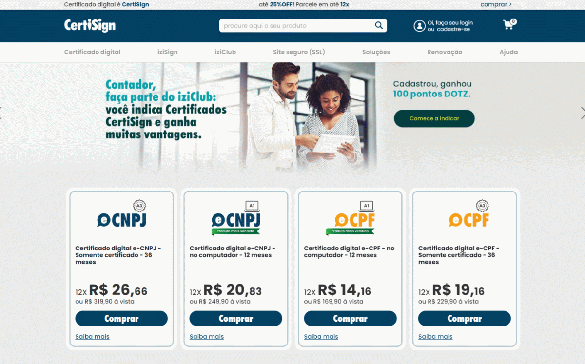 “Animação em GIF com rolagem da homepage antiga da Certisign, mostrando a transição visual e estrutural para a nova homepage.