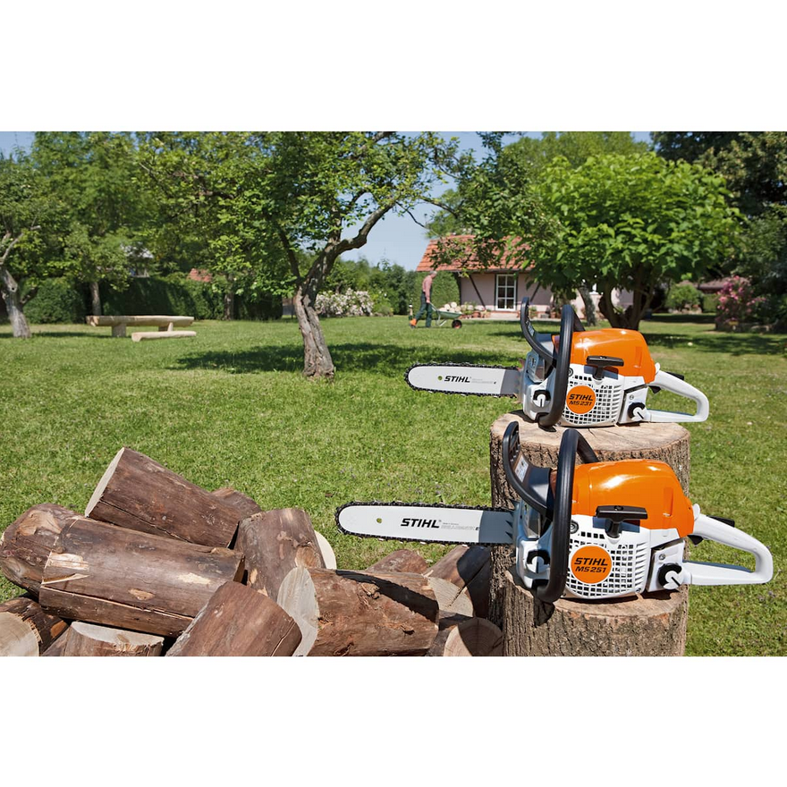 Miniaturbild: Zwei Stihl Kettensägen in einem Garten mit Holzscheiten
