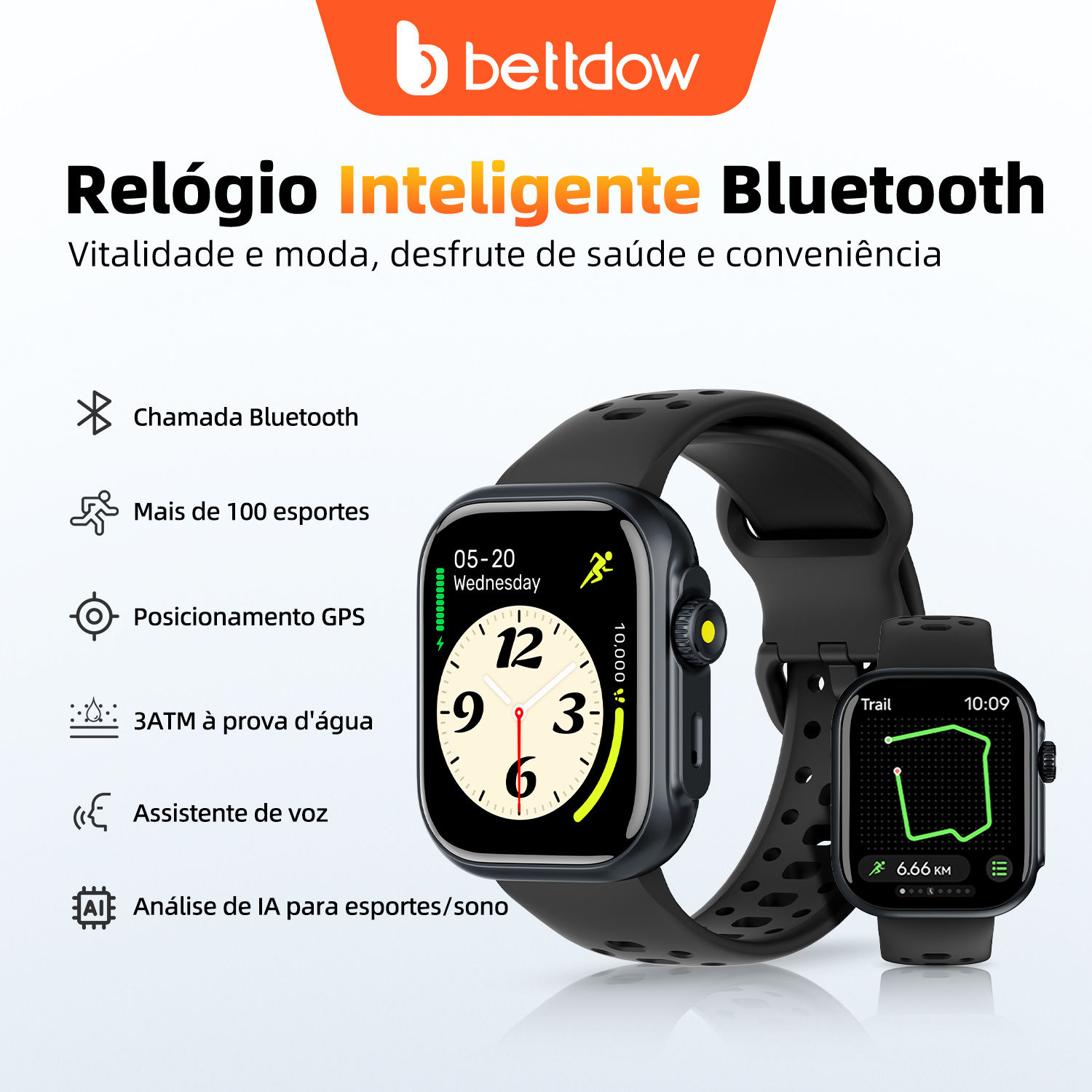 Smartwatch BETTDOW GPS e IA, Alexa, monitora saúde, 100+ modos esportivos, 3 ATM