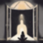 A person sits cross-legged in front of an open door, through which a bright, human-shaped light figure stands illuminated by a starry background.