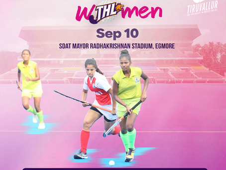 Tamil Hockey League women’s poster with three girls playing field hockey in a stadium; Sep 10, Pudukottai vs Tiruvannamalai, 15:30.