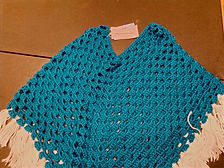 Crochet Shawl. Blue with white fringe.