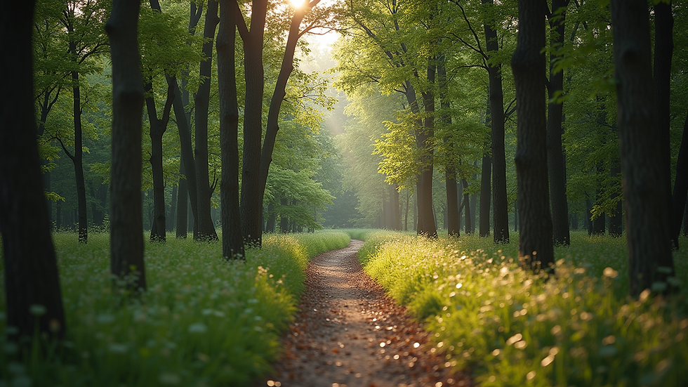 Eye-level view of a serene hiking trail surrounded by trees