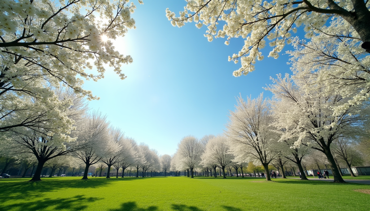 Eye-level view of a sunny park with blooming trees and clear blue sky
