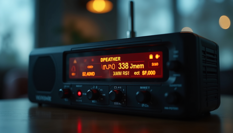 Close-up view of a weather radio displaying a severe weather alert