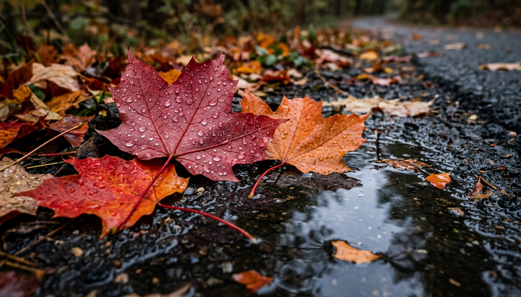 Close-up view of raindrops on colorful maple leaves beside a small puddle