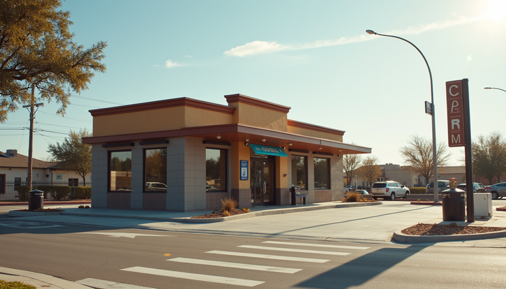 Wide angle view of Genesee Street with construction equipment and 7 Brew Coffee signage