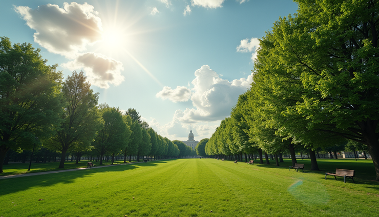 High angle view of partly sunny sky over a quiet park