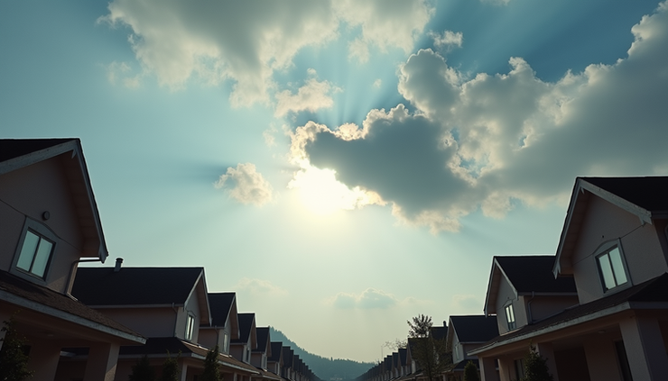Eye-level view of partly cloudy sky with sun breaking through clouds over a suburban neighborhood