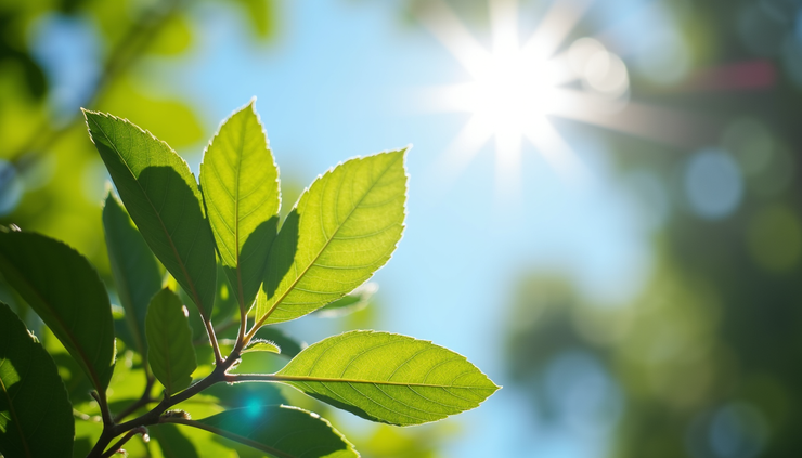 Close-up view of a clear blue sky with sunlight filtering through tree leaves