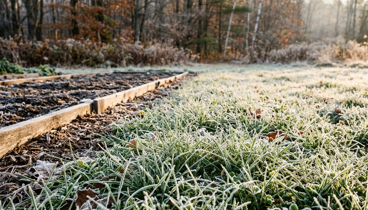 Close-up view of frost crystals on short grass near a rural garden bed.