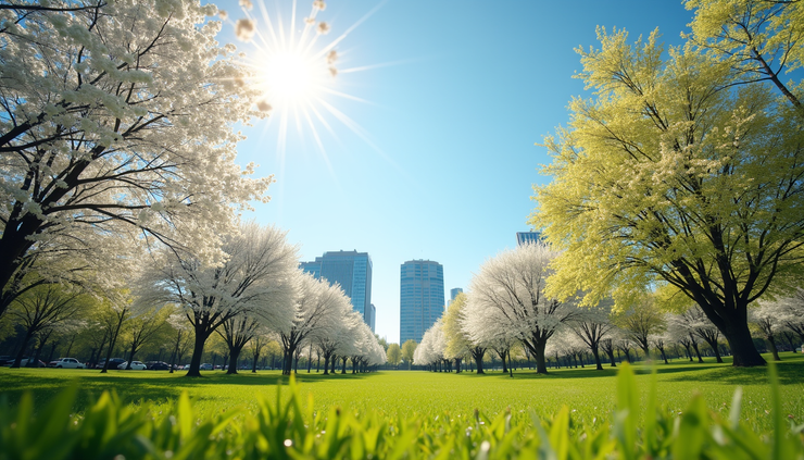 Eye-level view of a sunny park with blooming trees and clear blue sky