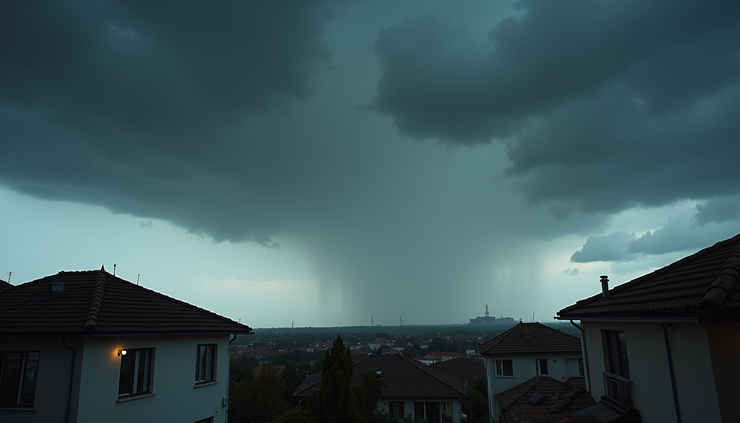 Eye-level view of dark clouds gathering over suburban rooftops before a thunderstorm