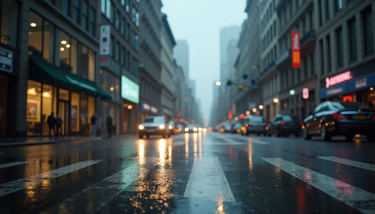 Wide angle view of rain falling on a city street with wet pavement and reflections