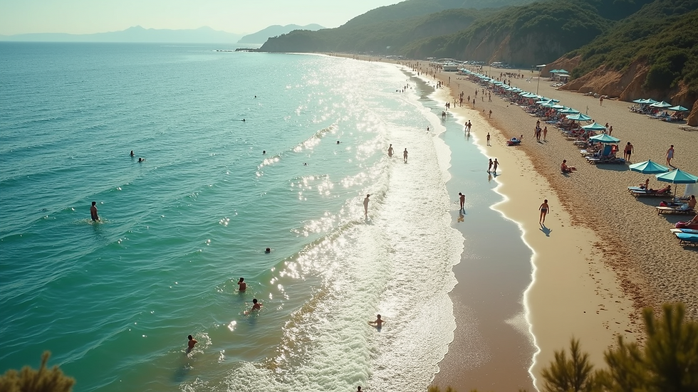 High angle view of a sunny beach with people enjoying the water