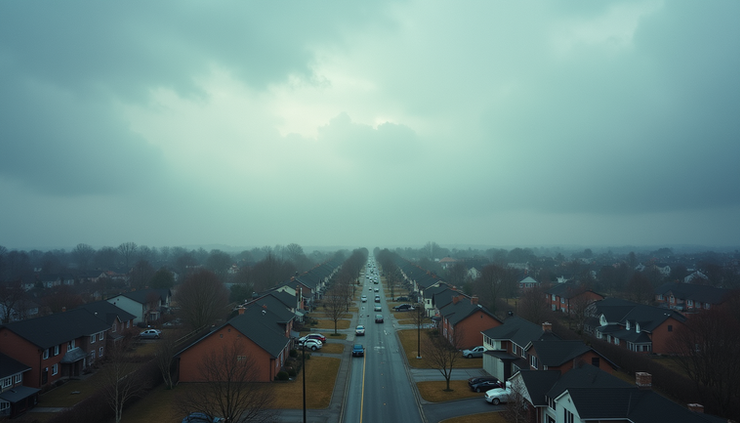 High angle view of cloudy sky over a quiet suburban neighborhood