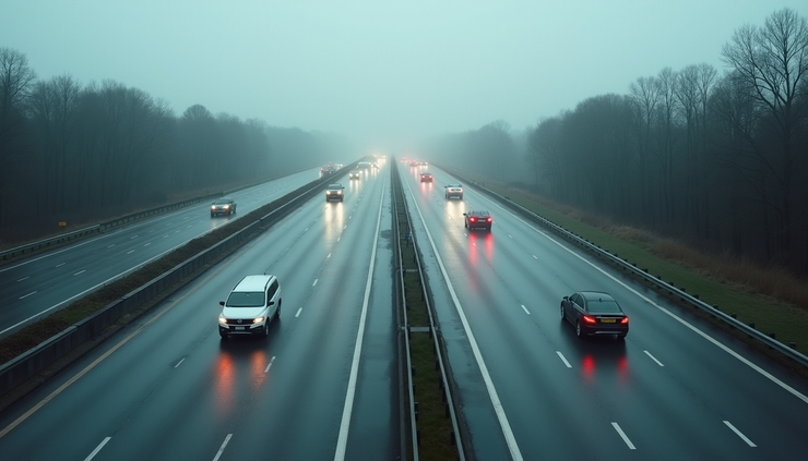 High angle view of a highway with vehicles driving cautiously during windy conditions