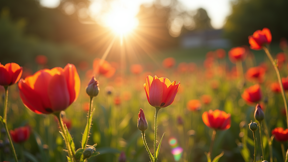 Eye-level view of a lush garden blooming with flowers under the sun