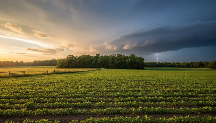Wide-angle view of a sunlit farm field with darker clouds building in the distance.
