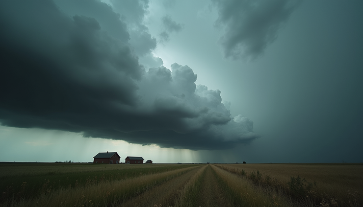 Eye-level view of dark storm clouds gathering over a rural landscape in Oneida