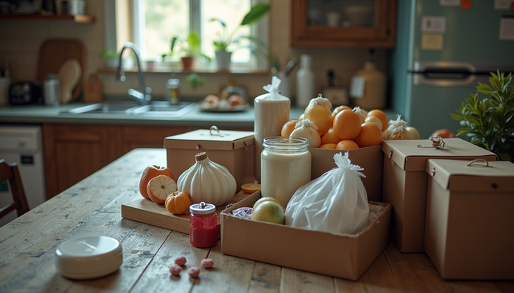 High angle view of emergency supplies including water bottles, flashlights, and a first aid kit on a kitchen table