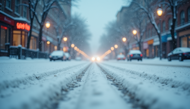 Eye-level view of snow-covered street with heavy snow falling
