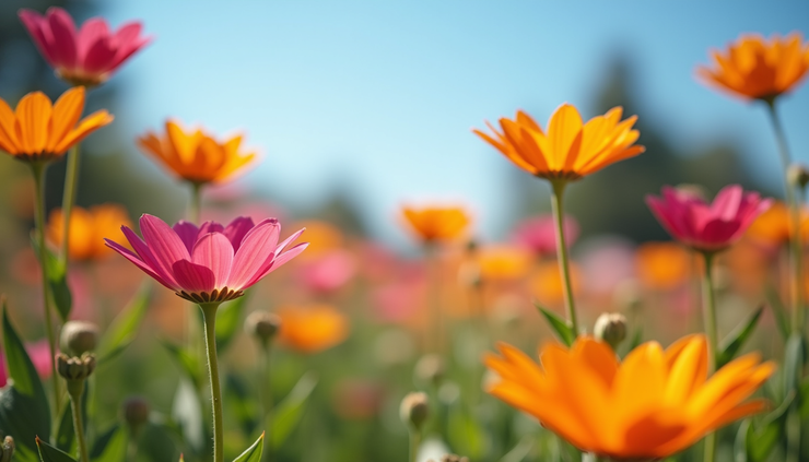Close-up view of a sunlit flower garden with bright blue sky