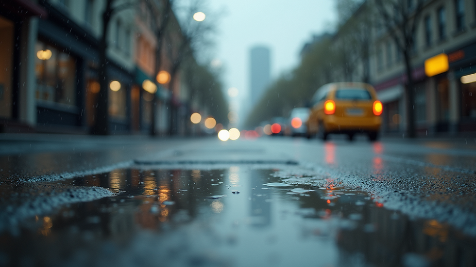 Wide angle view of a rainy street with puddles