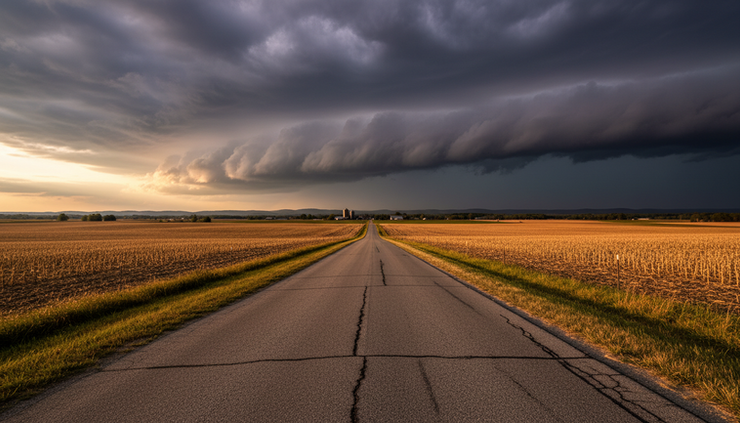 Wide-angle view of storm clouds building over a rural road in Central New York