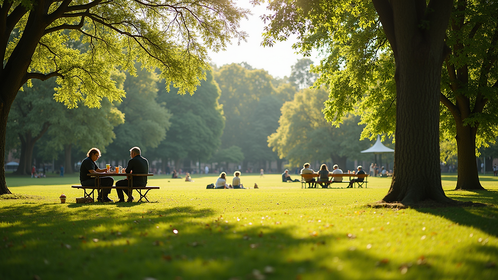 Wide angle view of a sunny park with people enjoying picnics