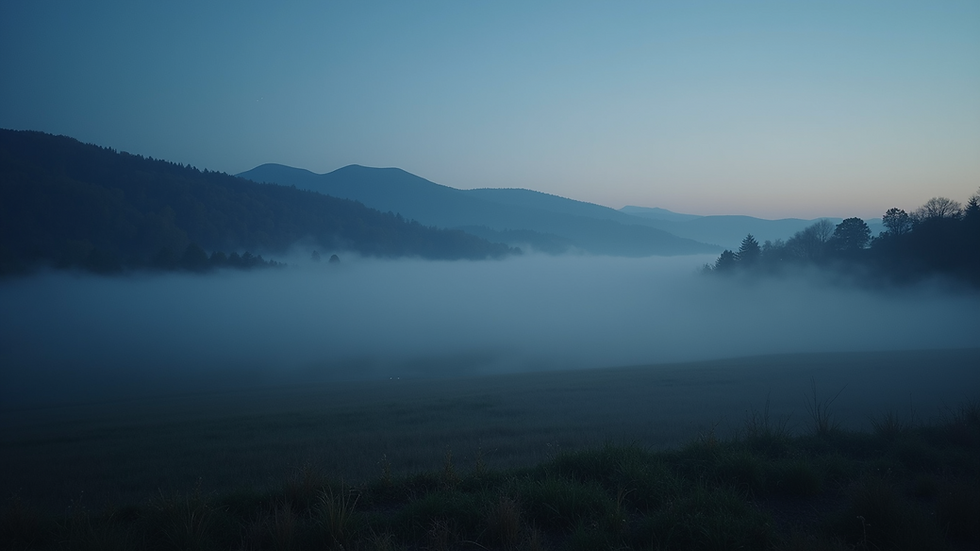 Eye-level view of a serene landscape with fog rolling in