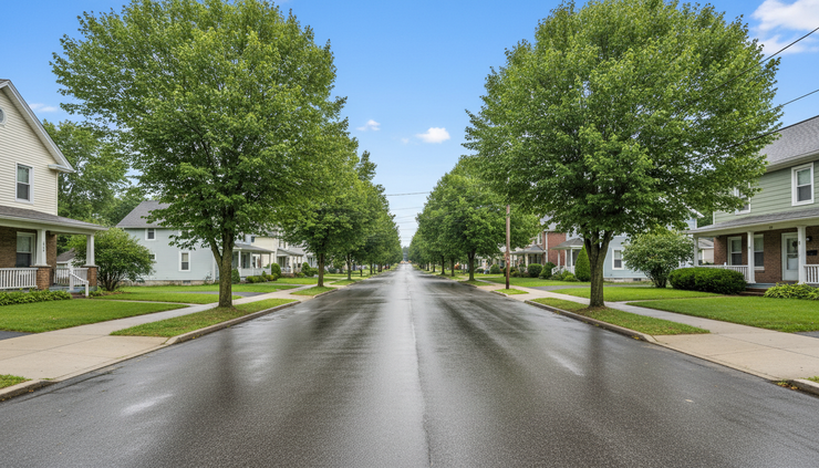 Eye-level view of a sunny village street after rain in Central New York.