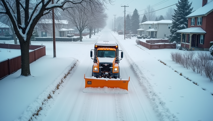 High angle view of a snow-covered street with a snowplow clearing the road