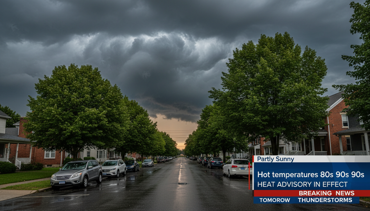 Eye-level view of rain clouds building over a small Central New York village street.
