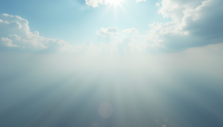 High angle view of a partly cloudy sky with smoke haze in the distance