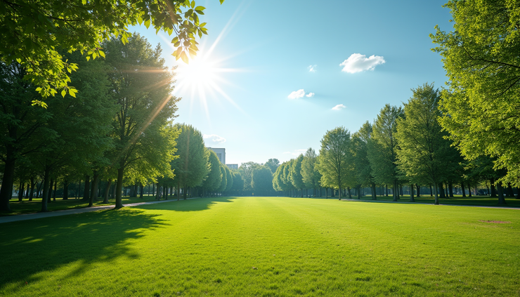 Wide angle view of a sunlit park with green trees and clear blue sky