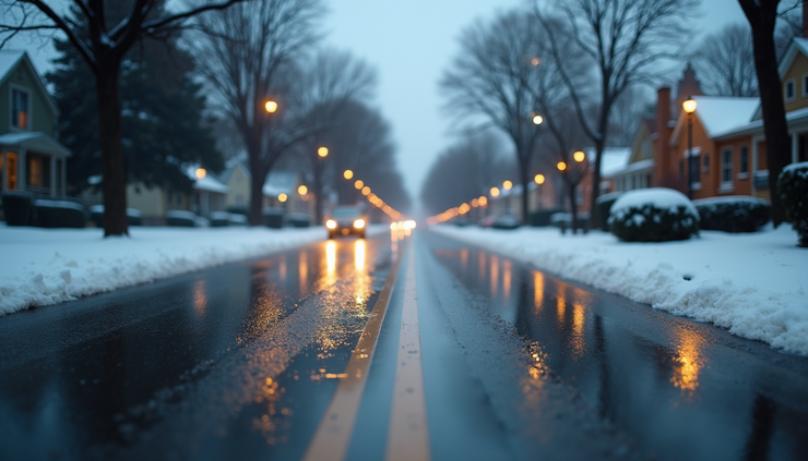 High angle view of wet road with light rain and melting snow