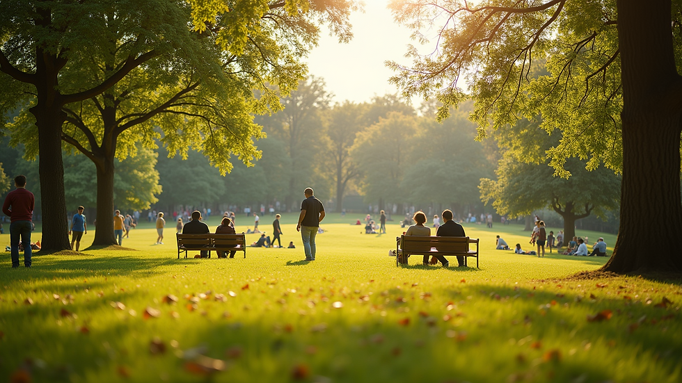 Wide angle view of a sunny park with people enjoying the weather