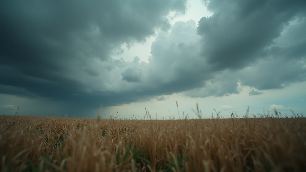 Eye-level view of a windblown field with dark storm clouds above