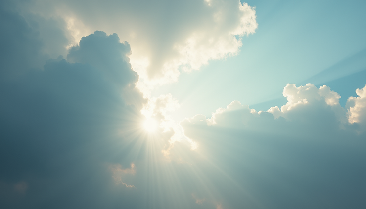 Eye-level view of a partly cloudy sky with sun rays breaking through