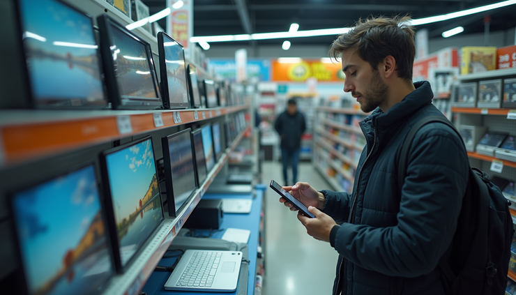 High angle view of a shopper browsing discounted electronics at Ollie's Bargain Outlet