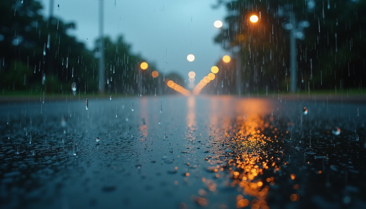 Close-up view of raindrops falling on a wet street during a thunderstorm