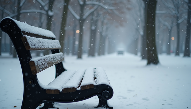 High angle view of a snow-covered park bench with light snow falling