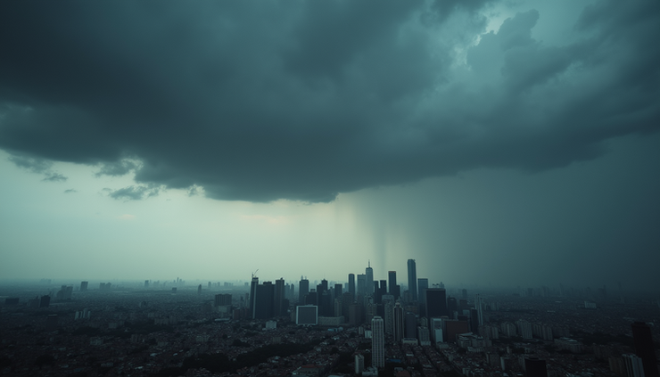 Wide angle view of dark clouds gathering over a city skyline before a thunderstorm