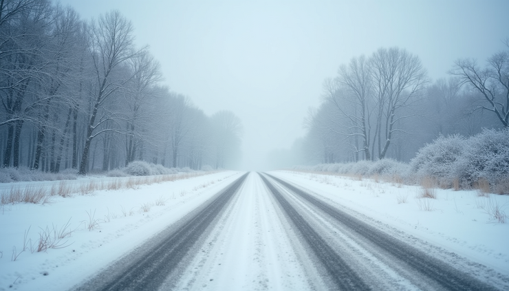 Eye-level view of snow-covered rural road with blowing snow