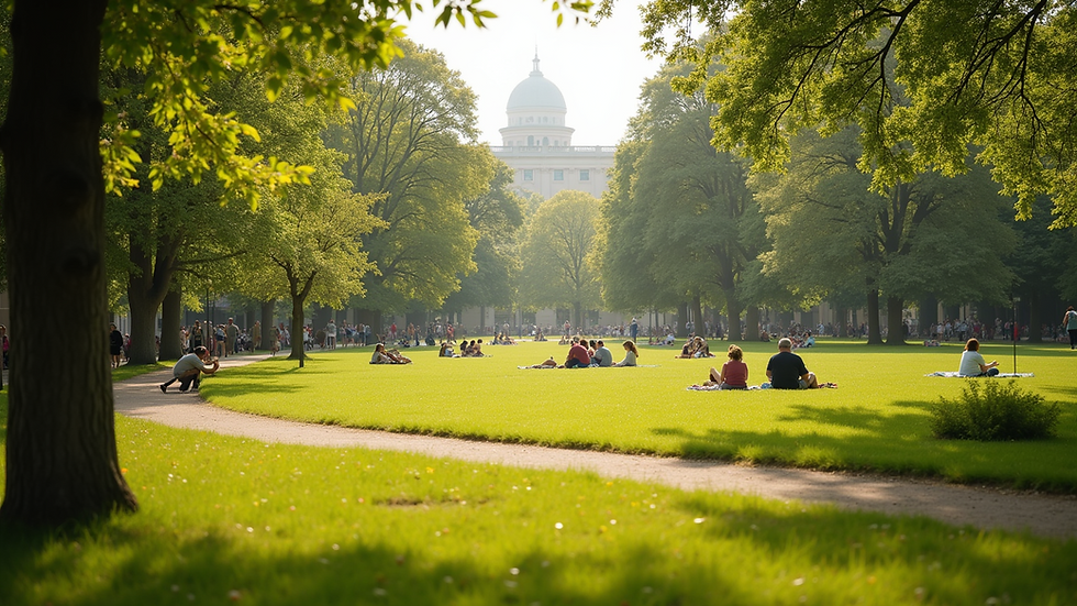 Wide angle view of a sunny park with people enjoying the weather