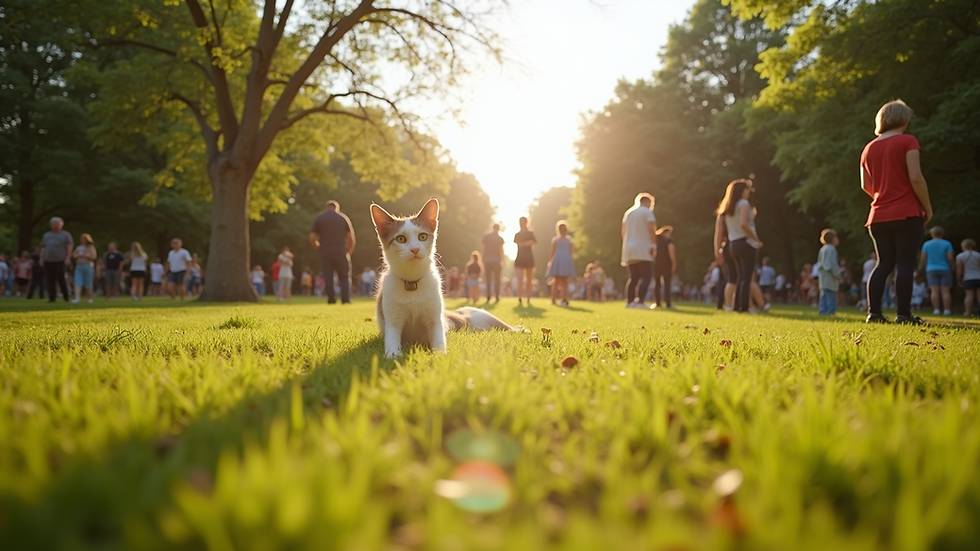 Wide angle view of a sunny park with people enjoying the day