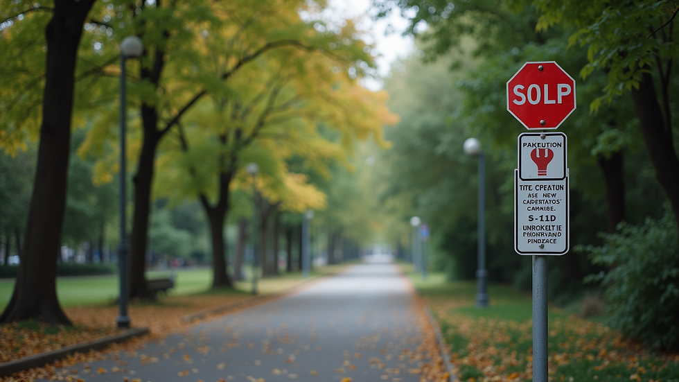 Eye-level view of a dense urban park with signage advising for caution